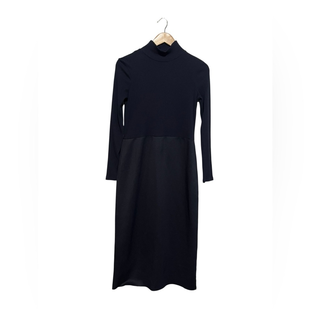 Zara Navy Blue Small Long Sleeve Mock Neck Dress Modest Mixed Media
